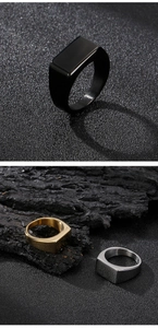 Polished men's signet rings in black, gold, and silver finishes with a minimalist square design