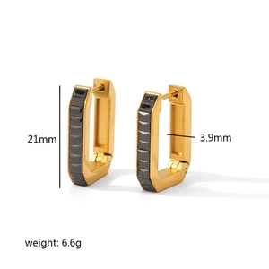 Detail of 21mm gold and black stainless steel rectangular hoop earrings with dimensions
