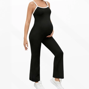 Maternity black jumpsuit with contrast trim and flare leg design for yoga and fitness