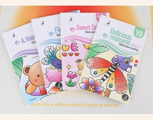 Detailed view of four portable watercolor painting books with cute cartoon covers for kids