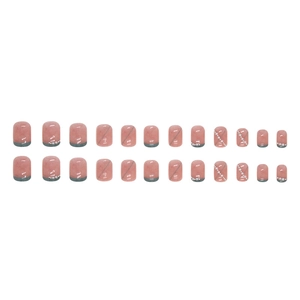 Short square pink press-on nails with grey French tips and elegant pearl line accents