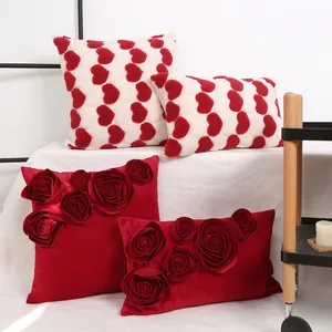 Romantic 3D Rose Flower Heart Pattern Velvet Plush Decorative Pillow Covers For Wedding Valentine Day Sofa Couch Decor