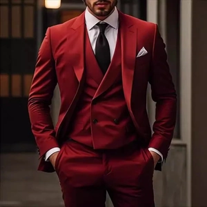Three-piece men's slim fit burgundy suit including blazer, vest and trousers for formal events