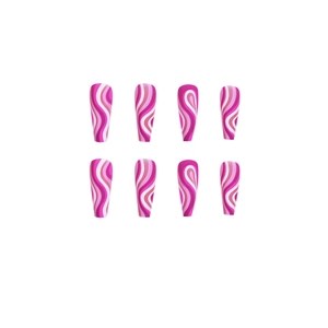 Pop art style press-on nails featuring long coffin shape with pink and white wave swirls