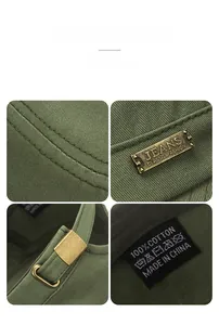Detail view of cotton flat top cap showing twin stitching and adjustable metal buckle