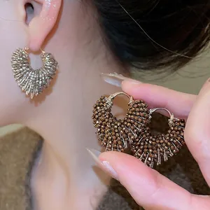 Heart Beaded Hoop Earrings With 925 Sterling Silver Earring Post Faceted Crystal Retro Luxury Woven Design For Women
