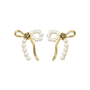 Elegant 18k gold-plated bowknot earrings with white pearls and camellia flower detail