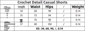 Size chart for crochet shorts with measurements for waist and hip across various sizes