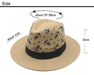 Détail d'un chapeau de paille avec motifs d'ancres marines et dimensions 57-58cm