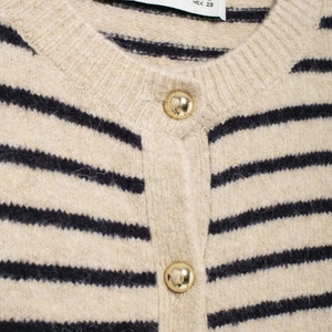 Classic striped knit cardigan with premium round gold buttons and thick wool texture