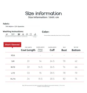 Größentabelle für Yoga-Kurzarmshirt mit Stoffdetails und nützlichen Waschanleitungen
