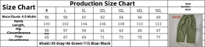 Detailed size chart for men's cargo pants showing waist and hip measurements