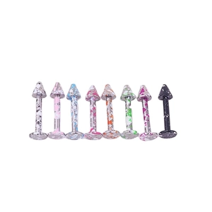 Set of 8 colorful splash-paint stainless steel cone lip studs on a clean white background