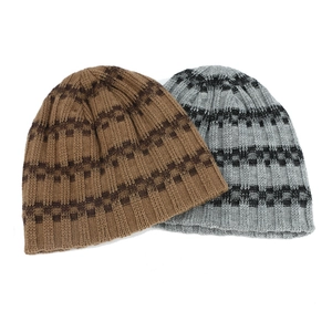 Detail view of khaki and grey striped knit beanies with thick ribbed edges for winter