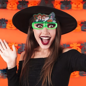 LED light-up Halloween glasses with green frame and cute pumpkin skull ghost decorations