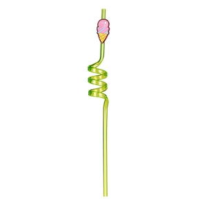 Green spiral reusable straw with pink ice cream cone charm for parties and kids
