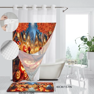 Halloween waffle shower curtain and anti-slip bath mat set with glowing pumpkin print
