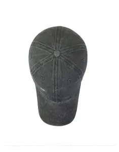 Top view of black washed cotton baseball cap with happy headache white embroidery