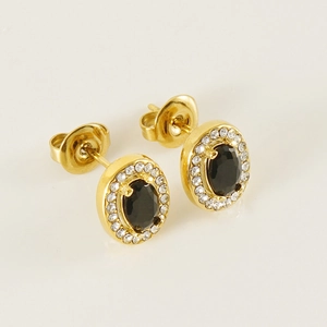 18K gold plated stainless steel stud earrings with black oval gemstone and zircon border