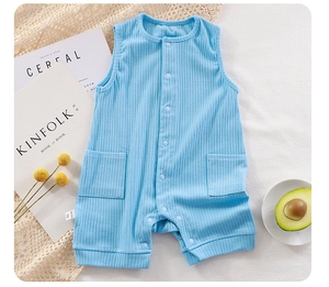 Detail of light blue sleeveless baby romper with ribbed cotton texture and front snap buttons