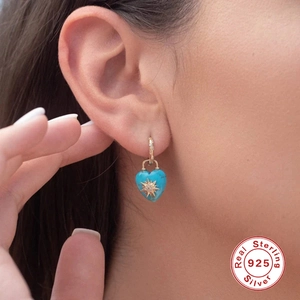S925 sterling silver hoop earrings with heart turquoise pendant and gold star motif
