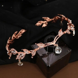 Rose gold leaf headband with rhinestones and drop crystal pendants for wedding