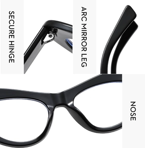 Close-up of secure hinge, arc mirror legs, and nose pads on black cat-eye glasses