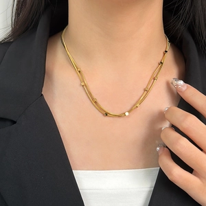 Double-layered 18K gold-plated stainless steel snake chain necklace with square beads