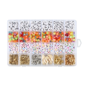 Detailed top view of 24-compartment storage box with colorful letter beads and DIY charms