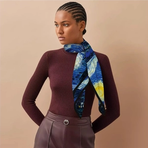 Van Gogh Starry Night oil painting style silk scarf on model with high-end minimal backdrop