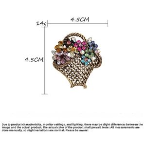 Detailed view of a 4.5cm colorful crystal flower basket brooch with size measurements