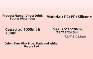 Detailed size chart for 1000ml and 750ml sports water bottles showing dimensions and materials