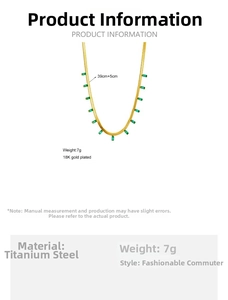 Detail of gold titanium steel necklace with green zircon square pendant and chain length info