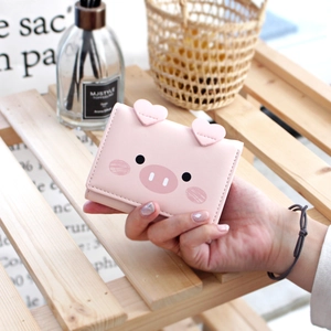 Cute pink trifold short wallet with pig face design and heart ear decorations for women