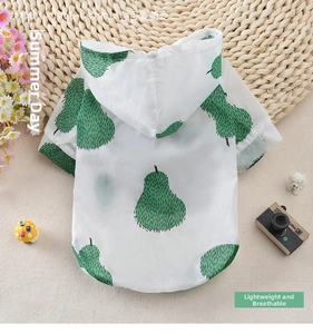 Detail of breathable pear print pet sun protection clothing with lightweight hooded design