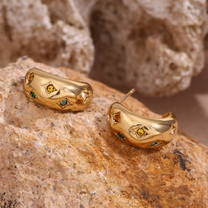 18K gold plated chunky hoop earrings with multicolor zircon stars on textured rock