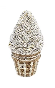 Detailed view of ice cream clutch bag featuring white and champagne rhinestones