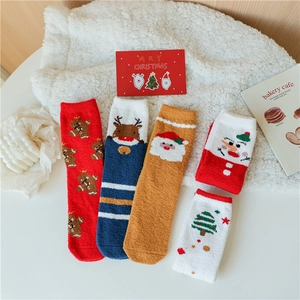 Chaussettes de Noël en polaire corail avec motifs mignons de rennes et de Père Noël