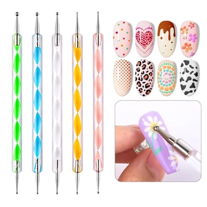 Five-piece acrylic nail dotting tool set showing double-ended metal tips and floral patterns