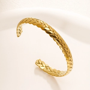 Elegant gold titanium steel open cuff bracelet with wheat pattern and polished finish