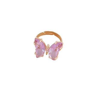 Golden adjustable open ring with a pink crystal butterfly design on a clean white background