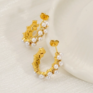 French retro C-shaped gold hoop earrings with white pearls and sparkling zircons