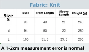 Size chart showing chest, length, and sleeve measurements for the V-neck knit top