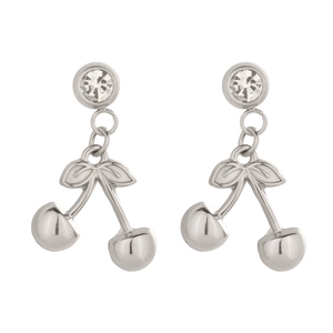 Detailed view of silver cherry earrings with sparkling crystal accents on a grey backdrop