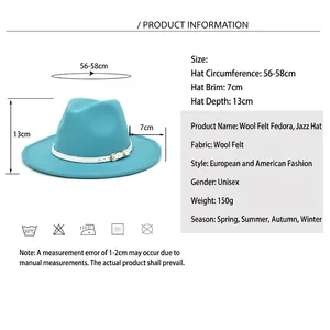 Teal wool fedora hat with white belt and gold buckle, including size chart and details