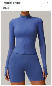 Detail of blue high-elastic fitness jacket with stand collar and thumbhole cuffs
