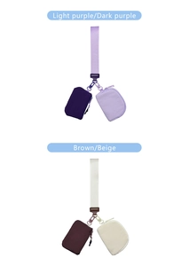 Macro detail of waterproof nylon wrist pouches in purple and beige dual-set options