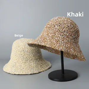 Handmade summer straw hat with colorful yarn for women, beige and khaki options.