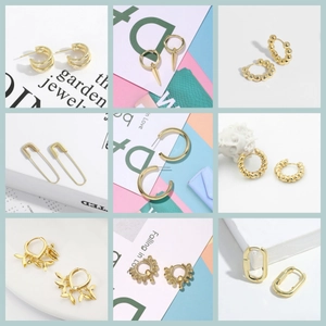 Classic gold copper earrings set featuring minimalist geometric hoop and leaf designs