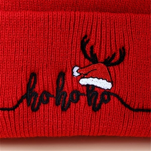 Winter knitted hat with hohoho embroidery and reindeer motif for Christmas outfits